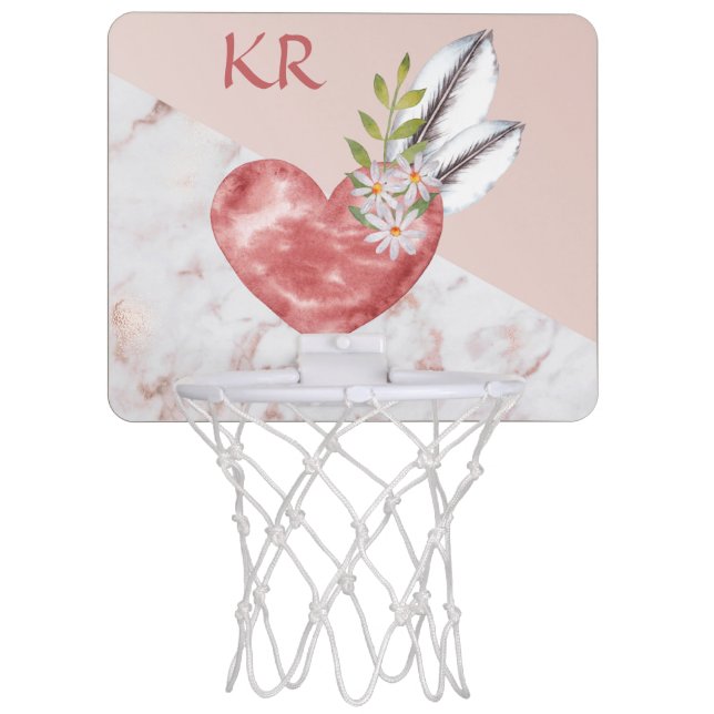 Boho Pink Heart Feathers Daisy Marble Pattern Mini Basketball Hoop (Front)
