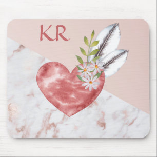 Boho Pink Heart Feathers Daisy Marble Pattern Mouse Pad