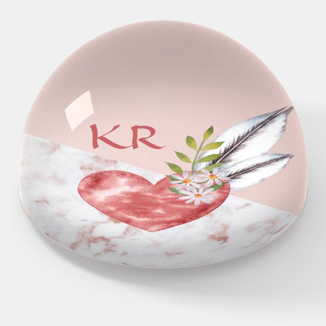 Boho Pink Heart Feathers Daisy Marble Pattern Paperweight (Angled)