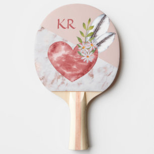 Boho Pink Heart Feathers Daisy Marble Pattern Ping Pong Paddle