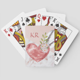 Boho Pink Heart Feathers Daisy Marble Pattern Poker Cards