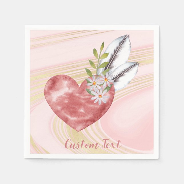 Boho Pink Heart Feathers Personalized Napkins (Front)