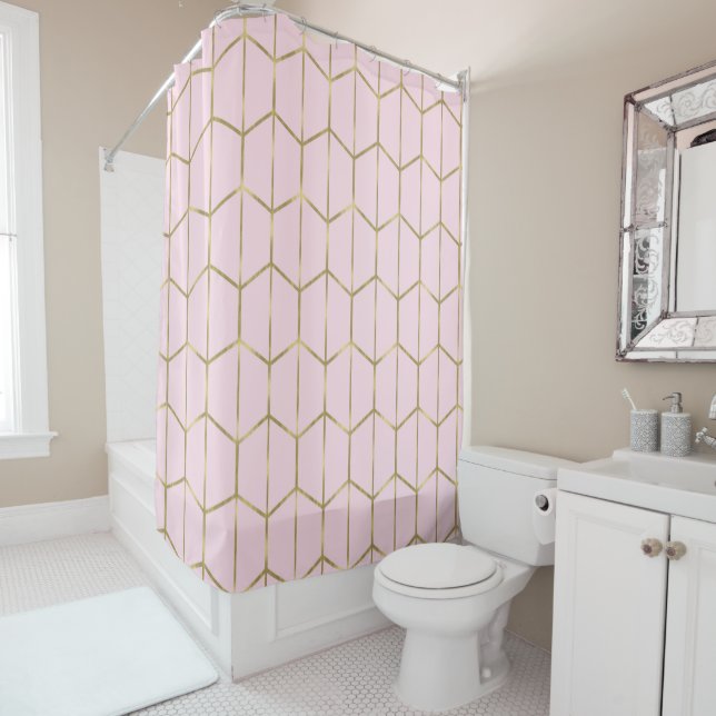 Boho Pink Hexagon Gold & Geometric Glam Shower Curtain (In Situ)