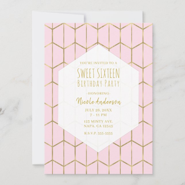 Boho Pink Hexagon Gold Geometric Glam Sweet 16  In Invitation (Front)