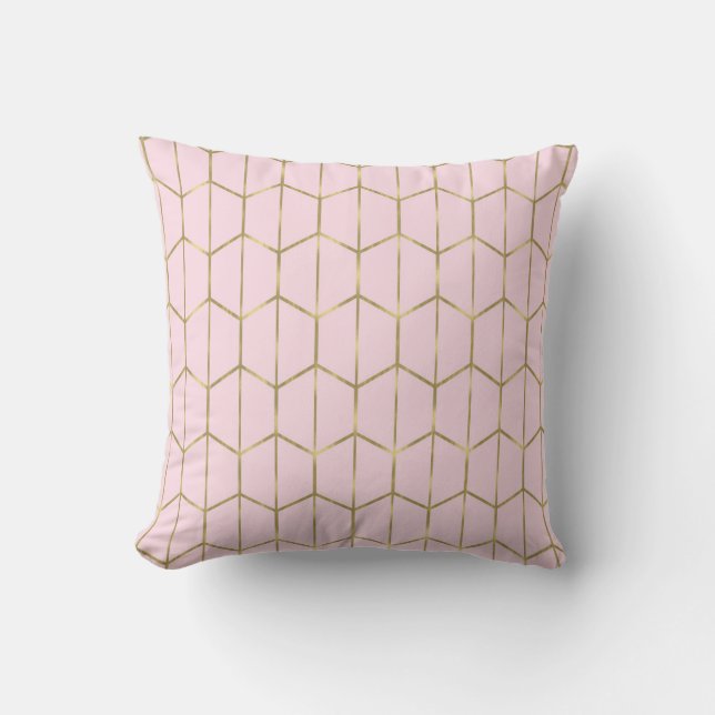 Boho Pink Hexagon Gold & Geometric Glam Throw Pillow (Front)
