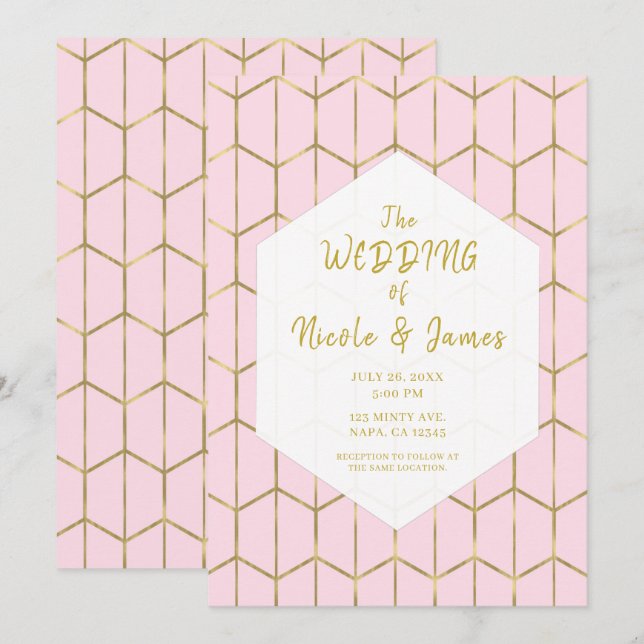 Boho Pink Hexagon Gold Geometric Glam Wedding  Invitation (Front/Back)
