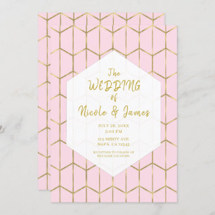 Boho Pink Hexagon Gold Geometric Glam Wedding Invitation