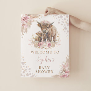 Boho Pink Highland Cow Baby Girl Shower Welcome Poster