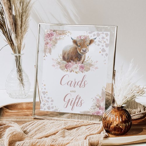 Boho Pink Highland Cow Cards  Gifts Sign
