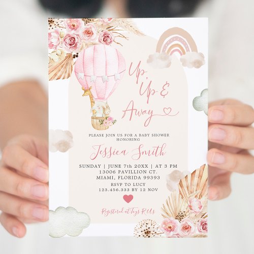 Boho Pink Hot Air Balloon Floral Baby Shower Invit Invitation