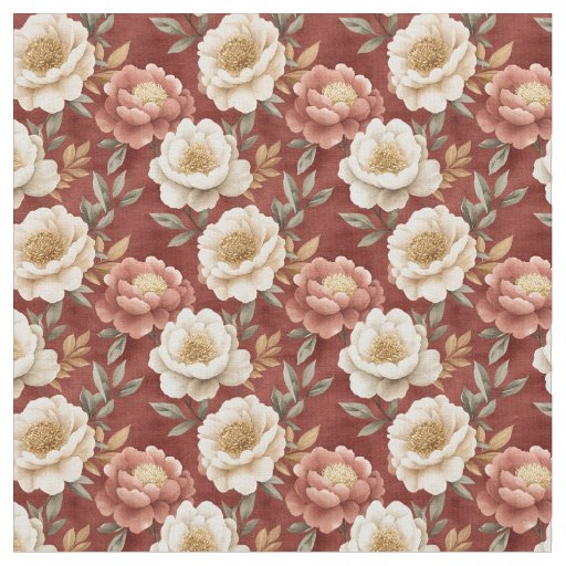 Boho Pink & Ivory Floral on Mottled Maroon Fabric