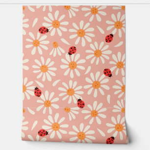 Boho Pink Ladybugs and Daisies Wallpaper