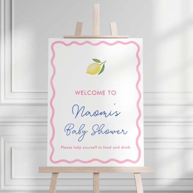 Boho Pink Lemon Baby Shower Welcome Sign (Boho pink wavy border lemons baby shower for little girl welcome sign)