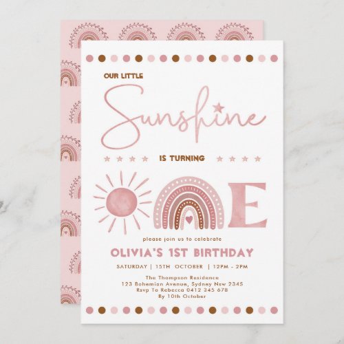 Boho Pink Little Sunshine Rainbow Girl Birthday Invitation