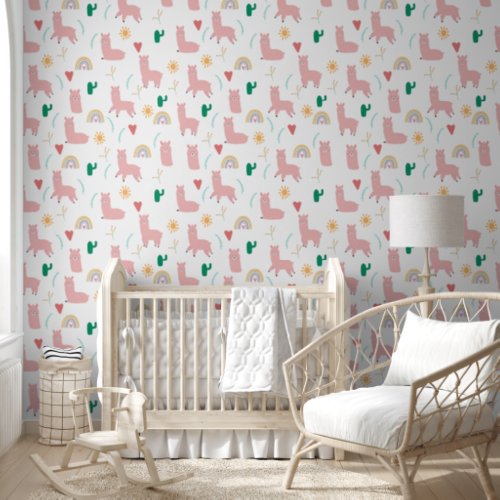 Boho Pink Llama  Rainbows Baby Girl Nursery Wallpaper