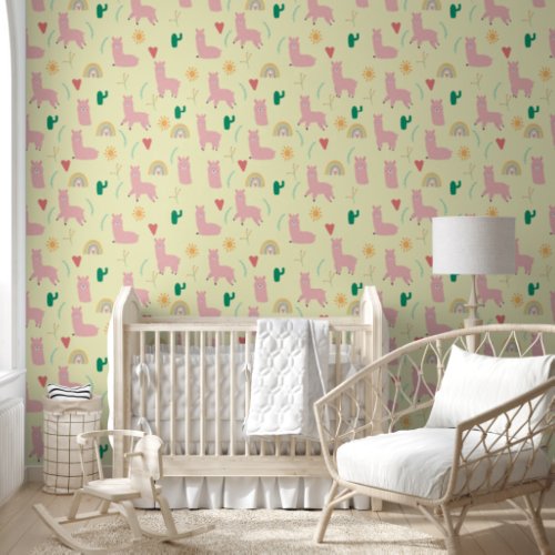 Boho Pink Llama Rainbows Yellow Baby Girl Nursery Wallpaper