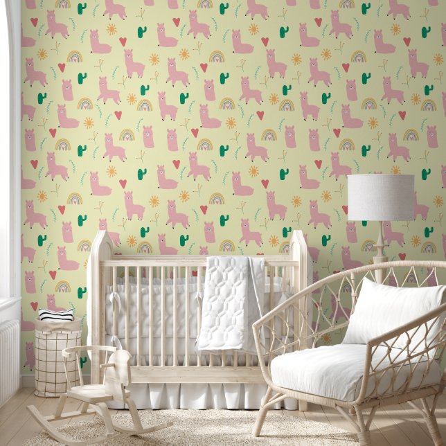 Boho Pink Llama Rainbows Yellow Baby Girl Nursery Wallpaper (Kids)