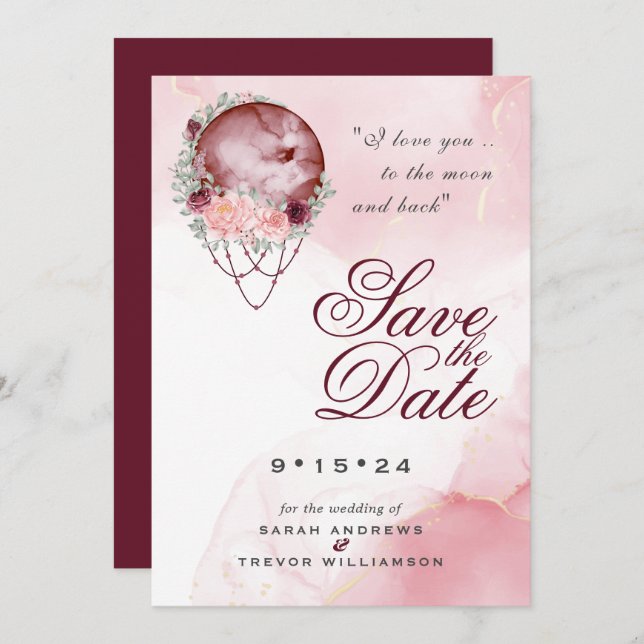 Boho Pink Maroon Moon Mandala Save the Date Invitation (Front/Back)