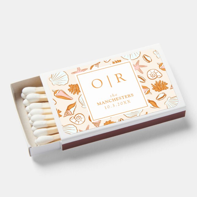 Boho Pink Monogram Sea Shell Wedding Favor Matchboxes (Front Open)