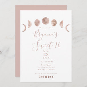 Boho Pink Moon Phases Modern Minimal Sweet 16 Invitation