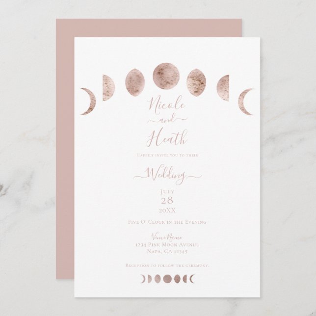 Boho Pink Moon Phases Modern Minimal Wedding Invitation (Front/Back)