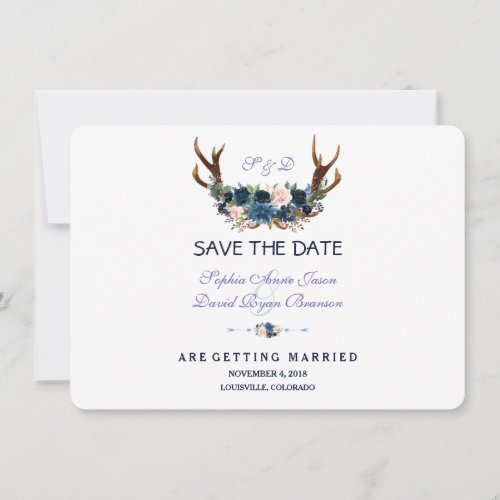 Boho Pink Navy Blue Floral Antlers Save The Date