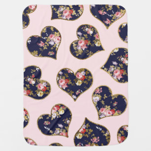 Boho pink navy blue gold valentine floral hearts baby blanket