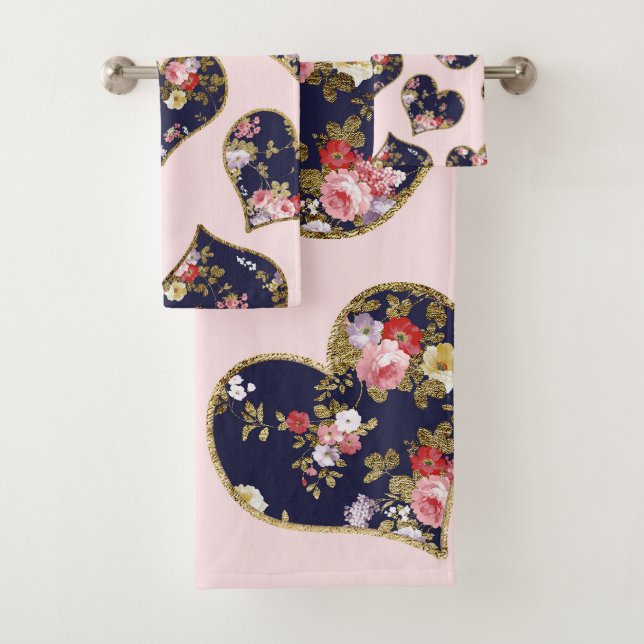 Boho pink navy blue gold valentine floral hearts bath towel set (Insitu)