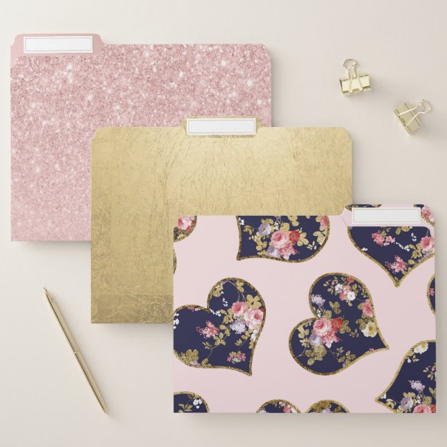 Boho pink navy blue gold valentine floral hearts file folder (Set)