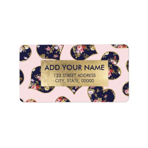 Boho pink navy blue gold valentine floral hearts l label