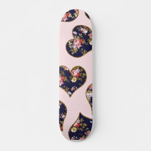 Boho pink navy blue gold valentine floral hearts skateboard