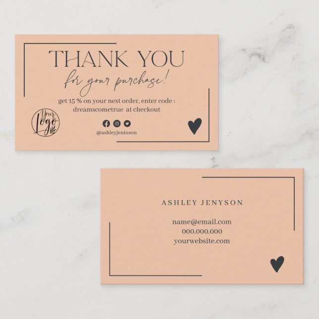 Boho pink navy blue script order thank you business card (Front/Back)