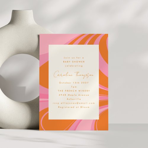 Boho Pink Orange Abstract Marble Baby Shower Invitation