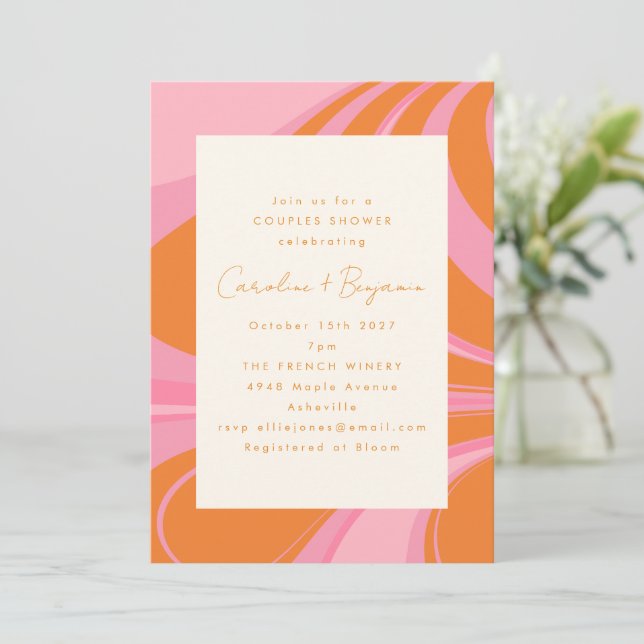 Boho Pink Orange Abstract Marble Couples Shower Invitation (Standing Front)