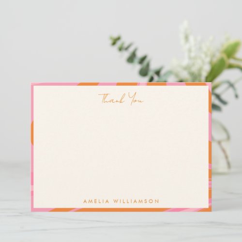 Boho Pink Orange Abstract Marble Customized Name Thank You Card