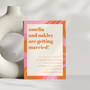 Boho Pink Orange Abstract Marble Modern Wedding Invitation