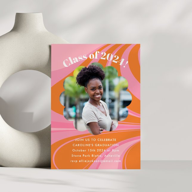 Boho Pink Orange Abstract Photo Graduation Party Invitation (Creator Uploaded)