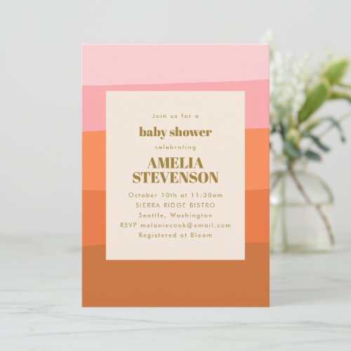 Boho Pink Orange Abstract Stripes Baby Shower Invitation