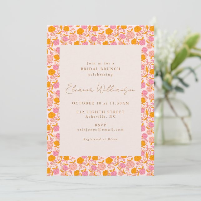 Boho Pink Orange Floral Bridal Shower Brunch Invitation (Standing Front)