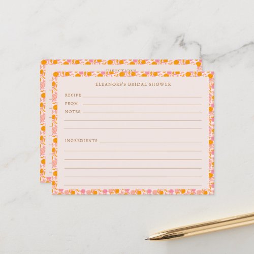 Boho Pink Orange Floral Bridal Shower Recipe Card