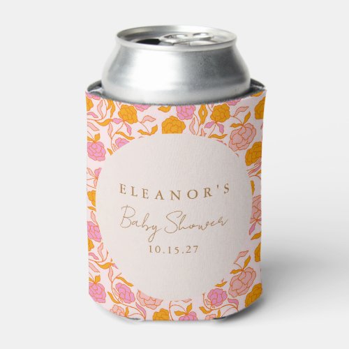 Boho Pink Orange Floral Cute Baby Shower Custom Can Cooler