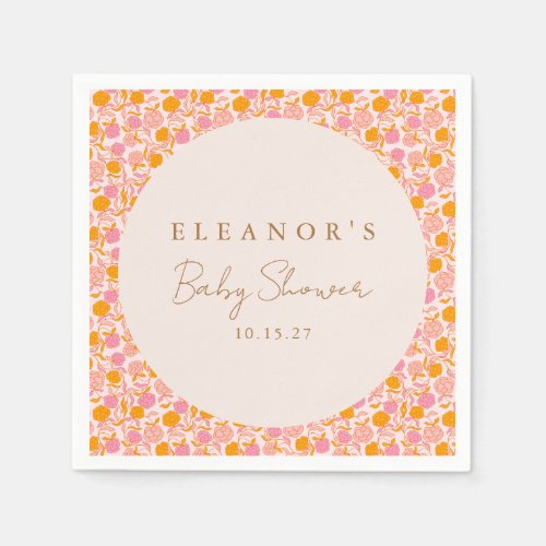 Boho Pink Orange Floral Cute Baby Shower Custom Napkins