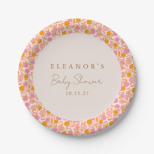 Boho Pink Orange Floral Cute Baby Shower Custom Paper Plates