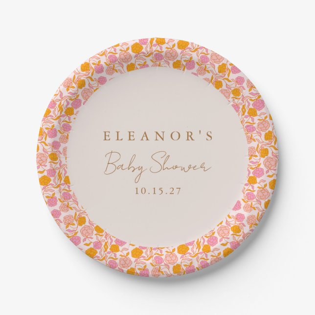Boho Pink Orange Floral Cute Baby Shower Custom Paper Plates (Front)