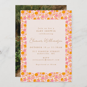 Boho Pink Orange Floral Cute Baby Shower Photo Invitation