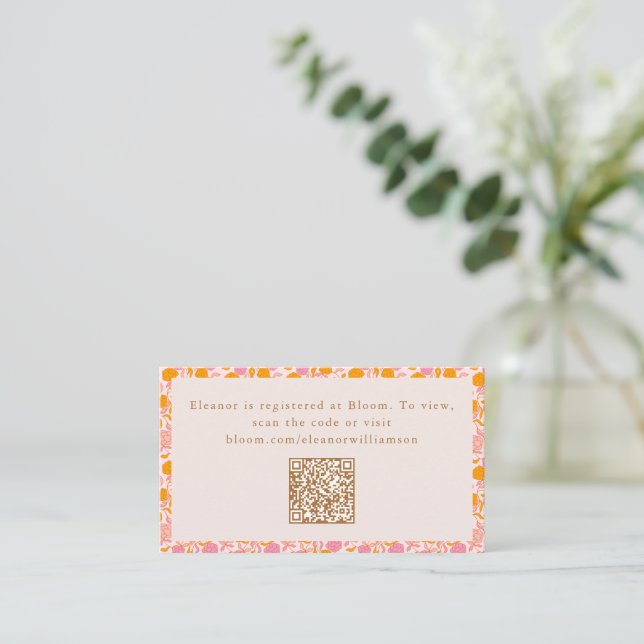 Boho Pink Orange Floral Cute Baby Shower QR Enclosure Card (Standing Front)