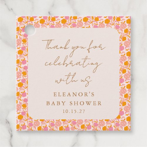 Boho Pink Orange Floral Cute Baby Shower Thank You Favor Tags