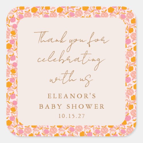 Boho Pink Orange Floral Cute Baby Shower Thank You Square Sticker