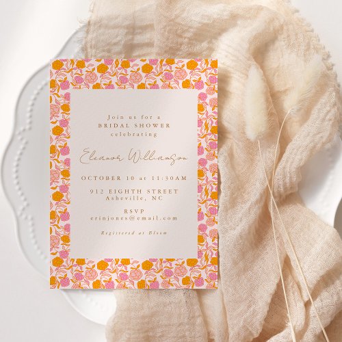 Boho Pink Orange Floral Cute Bridal Shower Invitation
