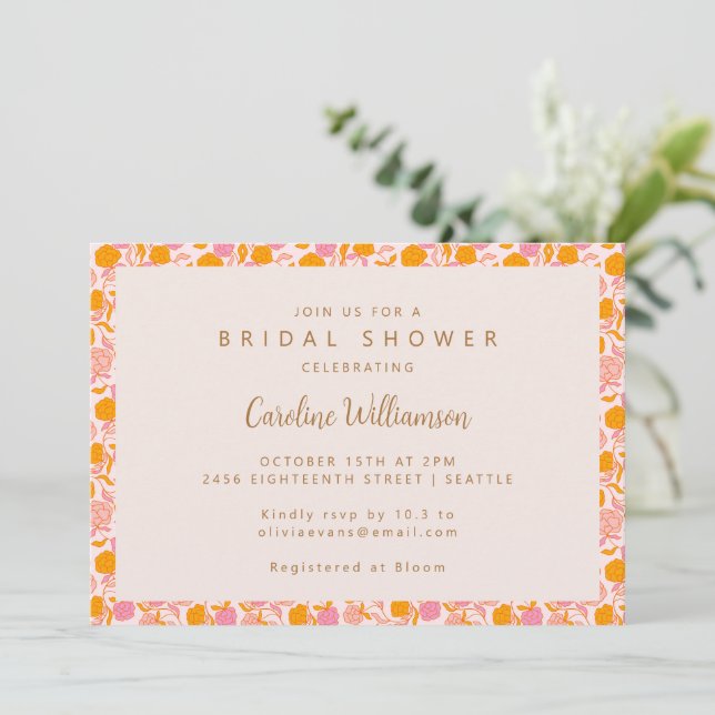 Boho Pink Orange Floral Cute Bridal Shower Invitation (Standing Front)